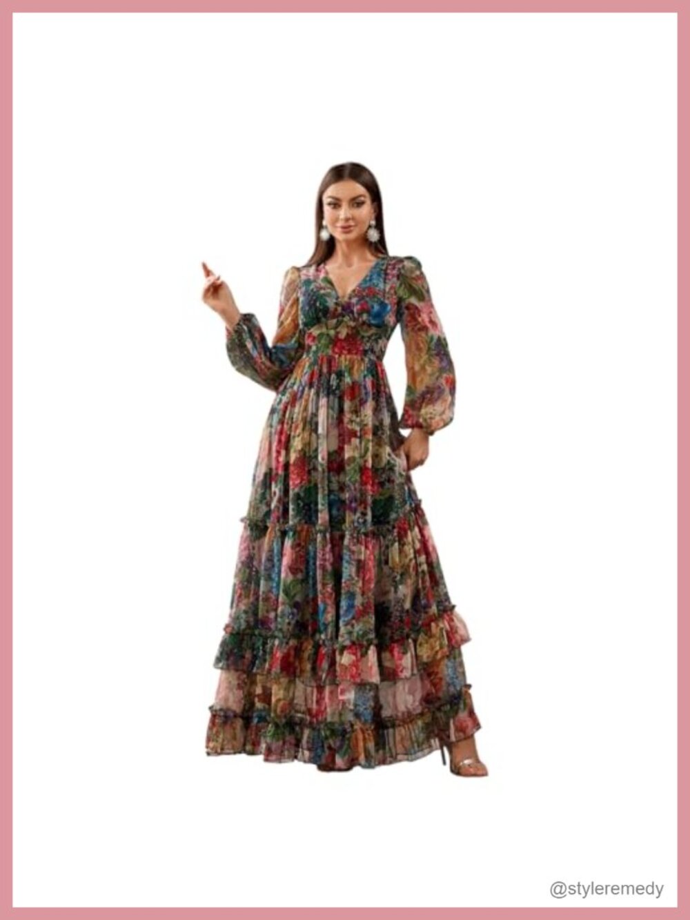 Womens Floral Maxi Dress Long Sleeve Boho Casual Wedding Guest